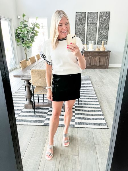 Love this white and black short sleeve Amazon sweater with a lululemon black skirt. Small in both. Sandals sold out 

#LTKStyleTip #LTKOver40 #LTKSeasonal