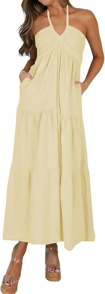 Women's Casual Halter Tiered Vacation Maxi Dress with Pockets | Amazon (US)