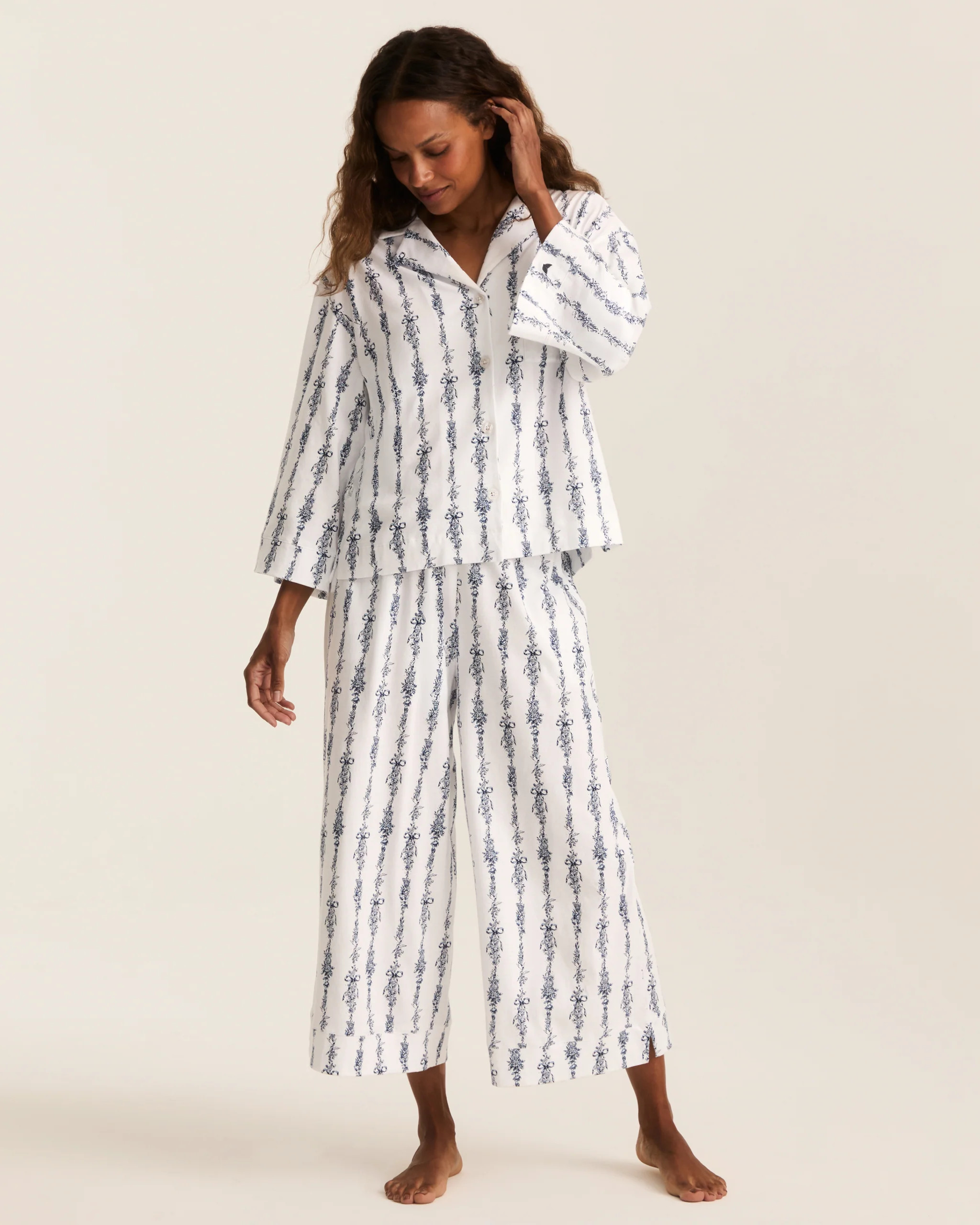 The Olivia Wide Leg Pima Pajama Set in Navy Mayfair Toile | Petite Plume