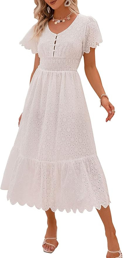 Miessial Women's Striped Linen Long Dress Elegant Ruffle Cap Sleeves Midi Dress | Amazon (US)