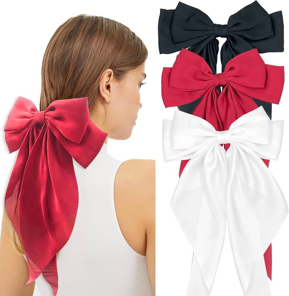 3PCS Big Silky Satin Hair Bows for Women Large Hair Barrettes Ribbon for Girls Long Hair Clips Fr... | Amazon (US)