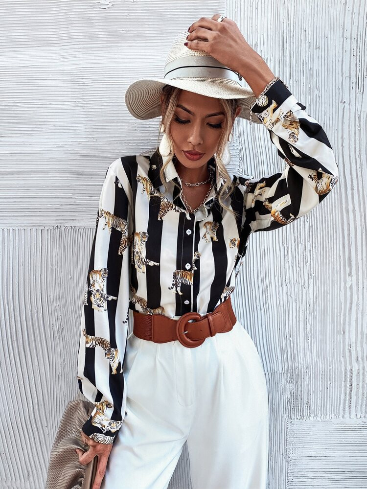 Striped & Tiger Print Button Up Blouse | SHEIN