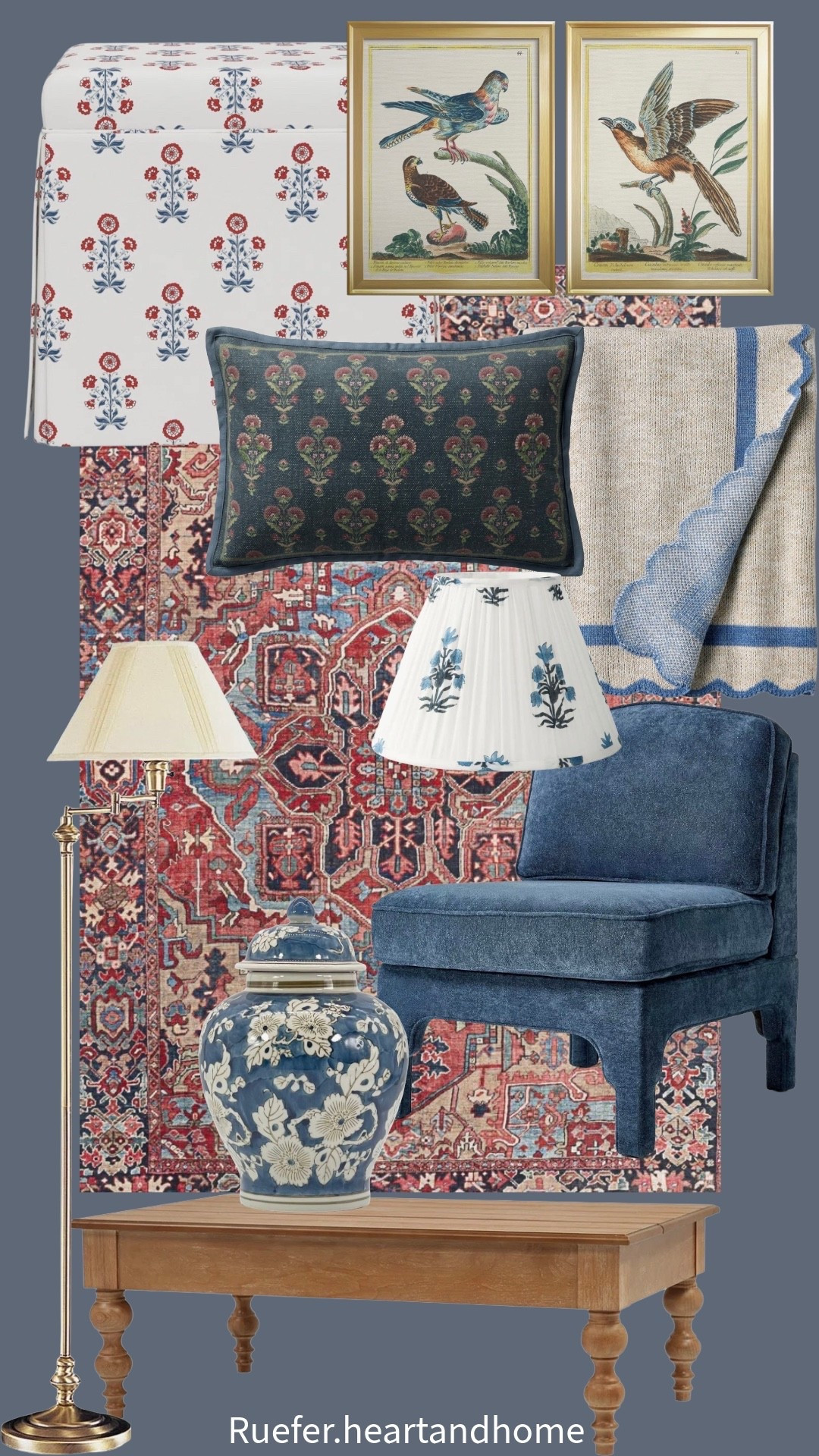 Pleated chandelier lampshade, rug, upholstered accent chair, framed bird art, floor lamp, gold swing arm lamp, chinoiserie vase with lid, upholstered floral ottoman, wood coffee table, scallop throw blanket, embroidered pillow

#LTKSeasonal #LTKHome #LTKSaleAlert