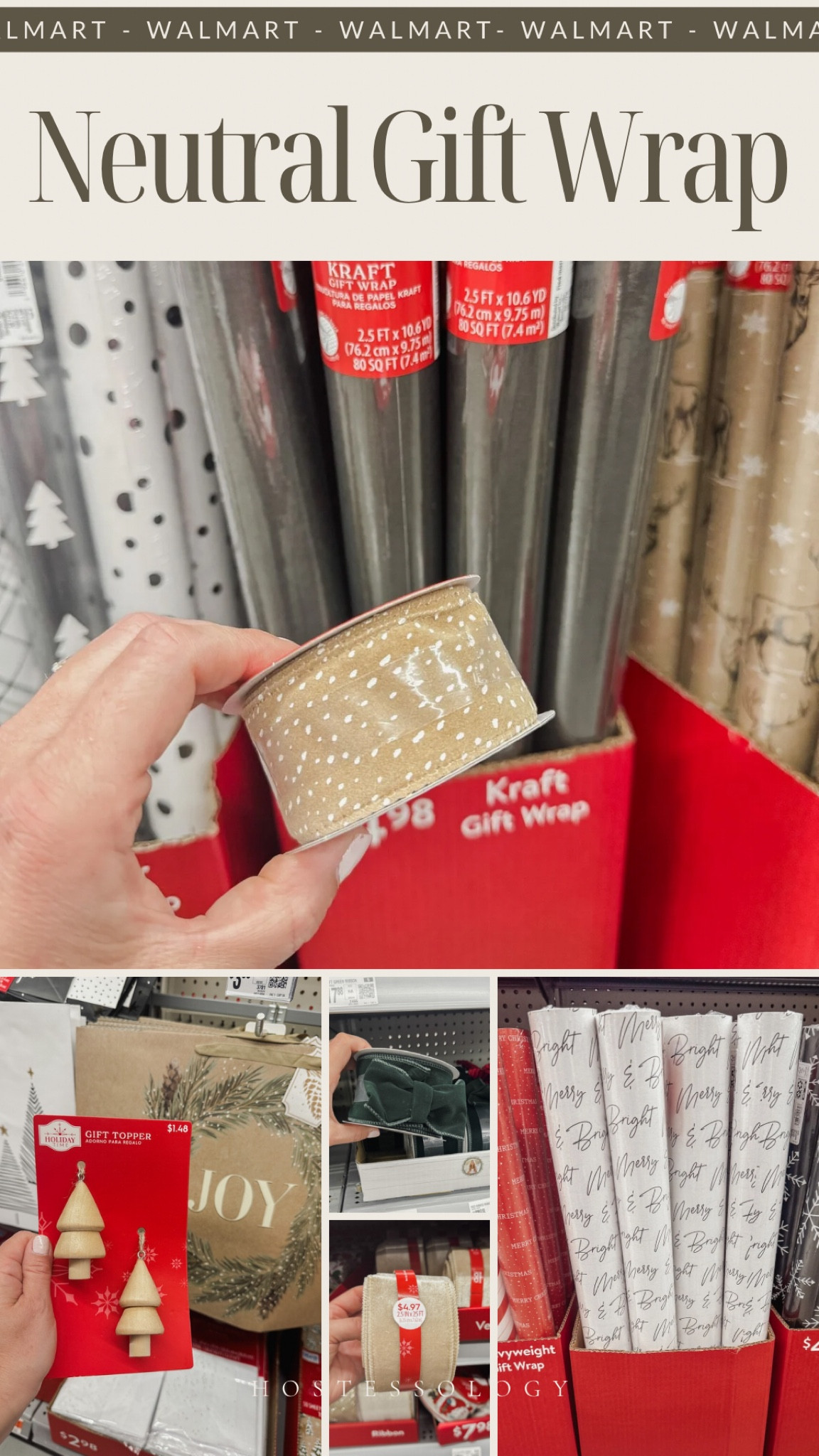 Neutral holiday gift wrap at Walmart 🌲 The beige ribbon & wood gift toppers aren’t available online yet - I’ll add them here when they are 🤎

#walmartfinds 

#LTKHome #LTKHoliday #LTKFindsUnder50