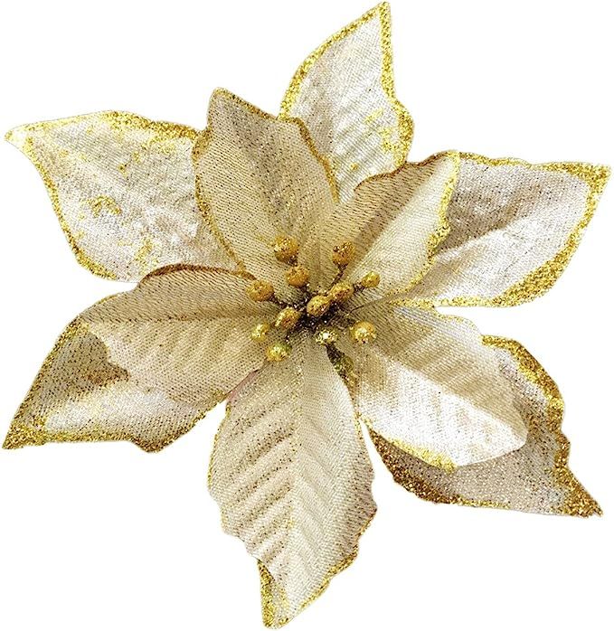 Christmas Glitter Poinsettia Christmas Tree Ornaments Pack Of 12 (Gold) | Amazon (US)