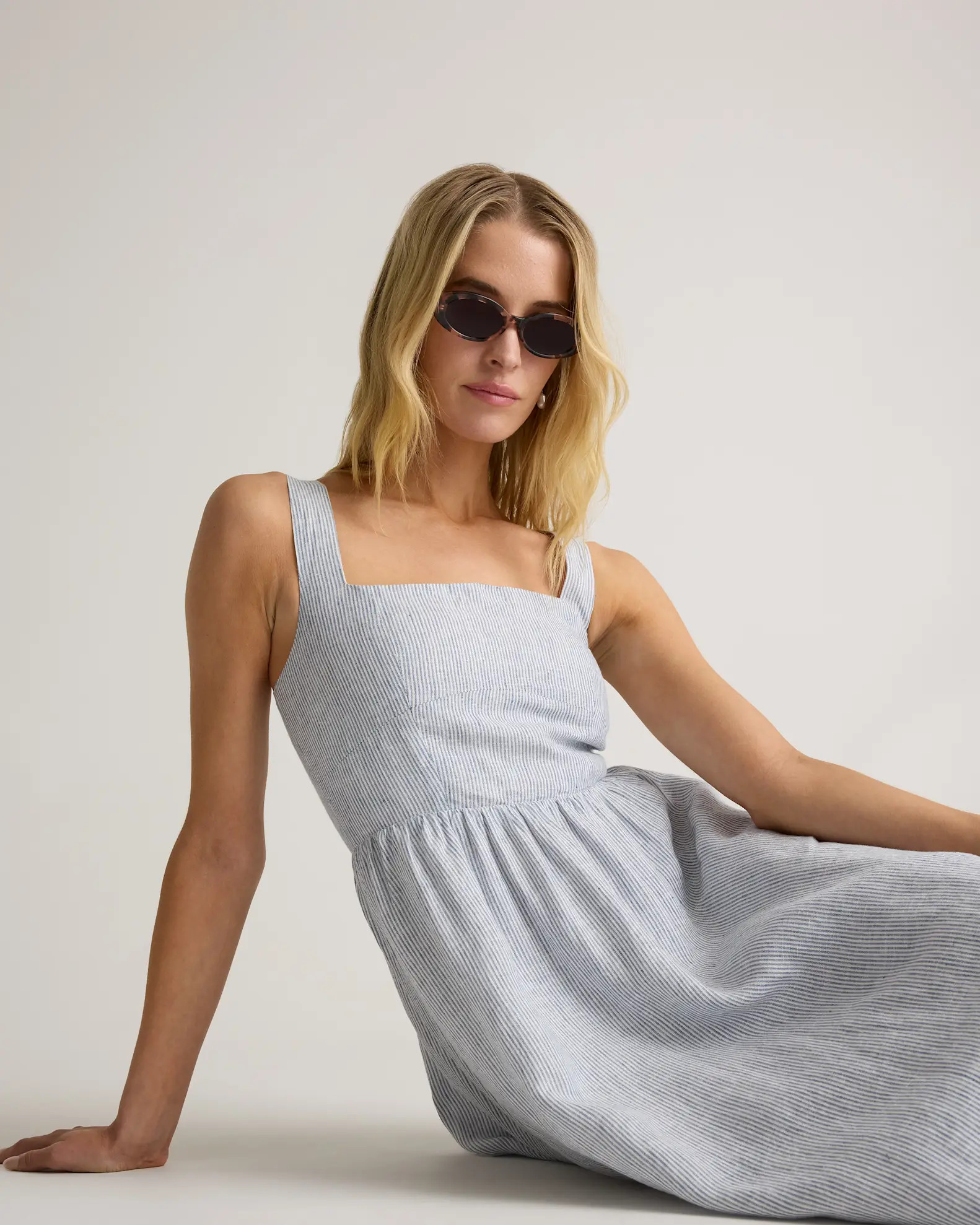 100% European Linen Fit & Flare Midi Dress in Blue Pinstripe | Quince