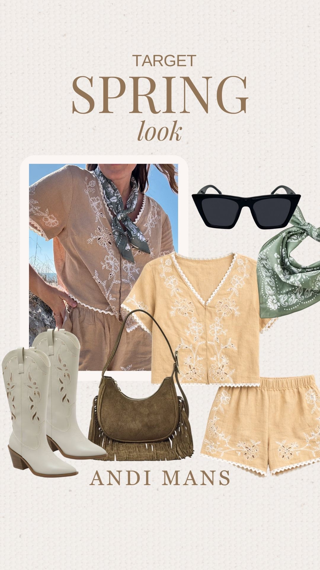 Target spring outfit idea. This look is ALL Target and I'm obsessed. This matching set is so light weight and perfect for spring. Add the cowboy boots and fringe bag to complete the look. 

#LTKSeasonal #LTKgrwm #LTKOver40