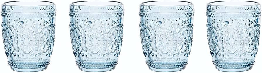 Transpac Embossed Bombay Blue Glass Old Fashioned Juice and Drink Tumbler Set of 4 | Amazon (US)