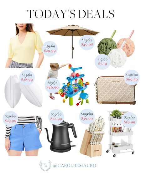 Catch today’s deals! A yellow v-neck top, patio umbrella, loofah sponge set, kid's water table toy, knife set, and more!
#fashionfinds #homeessentials #kitchenappliance #onsalenow

#LTKGiftGuide #LTKTravel #LTKSaleAlert