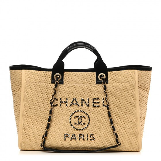 CHANEL

Straw Raffia Calfskin Chain Medium Deauville Tote Beige Black | Fashionphile