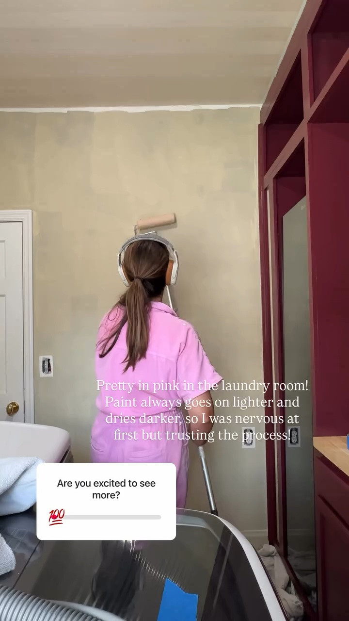 Pretty in pink in the laundry room! Paint always goes on lighter and dries darker, so I was nervous at first but trusting the process! Nothing beats a fresh coat of paint. I'm rolling on Templeton Pink by Farrow and Ball, and I already love how this color is transforming the space. Sharing all of my favorite painting supplies that help me get a smooth, professional looking finish from prep to the final coat.