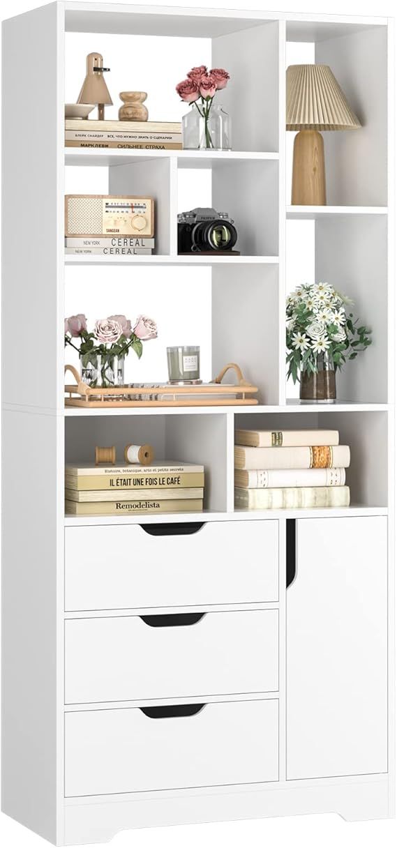 FOTOSOK 71 Inches Tall Bookshelf, White Bookshelf with 3 Drawers and 8 Open Shelves, Modern Books... | Amazon (US)