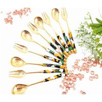 10Pcs Gold Flatware Appetizer Forks Spoon Porcelain Or Melamine Handles Dessert Fork Vintage | Etsy (US)