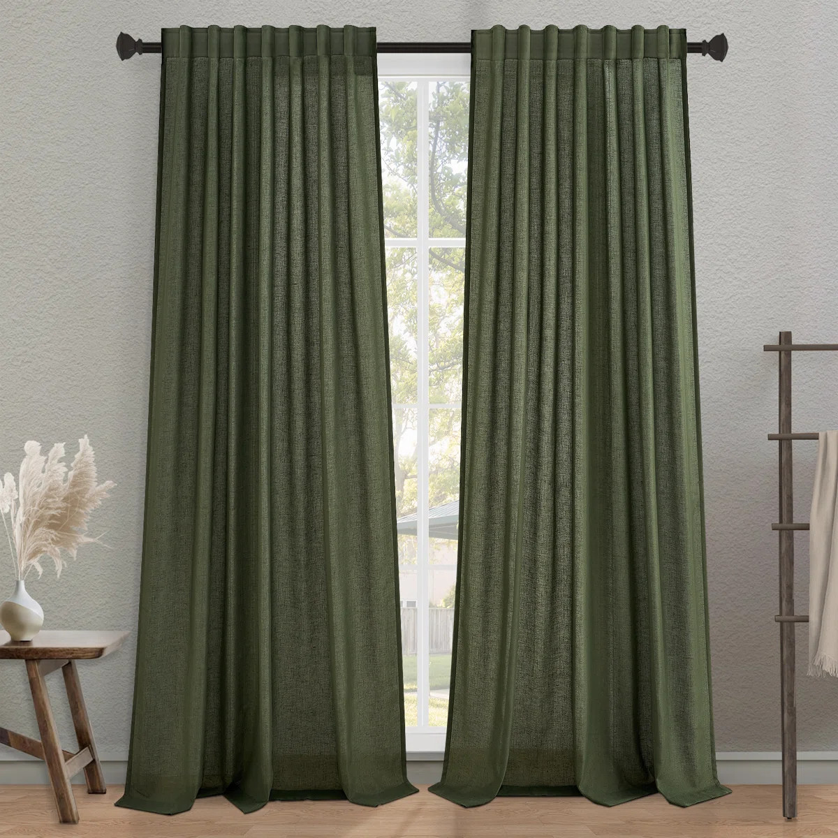 Cotton Linen Blended Light Filtering Curtain,Back Tab Hooks  Drapes (Set of 2,With Hooks) (Set of... | Wayfair North America