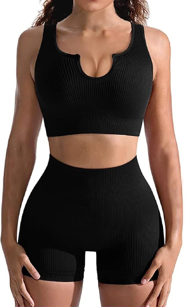 2 Piece Seamless Yoga Gym Outfits for Women, Sexy Ribbed Two Pieces Workout Sets | Amazon (US)