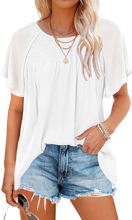 MIHOLL Womens T Shirts Loose Casual Crewneck Flowy Short Sleeve Chiffon Blouses Tops | Amazon (US)