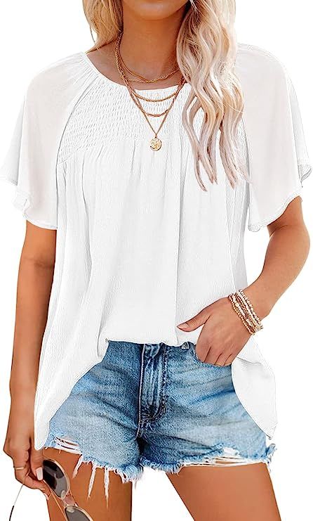 MIHOLL Womens T Shirts Loose Casual Crewneck Flowy Short Sleeve Chiffon Blouses Tops | Amazon (US)