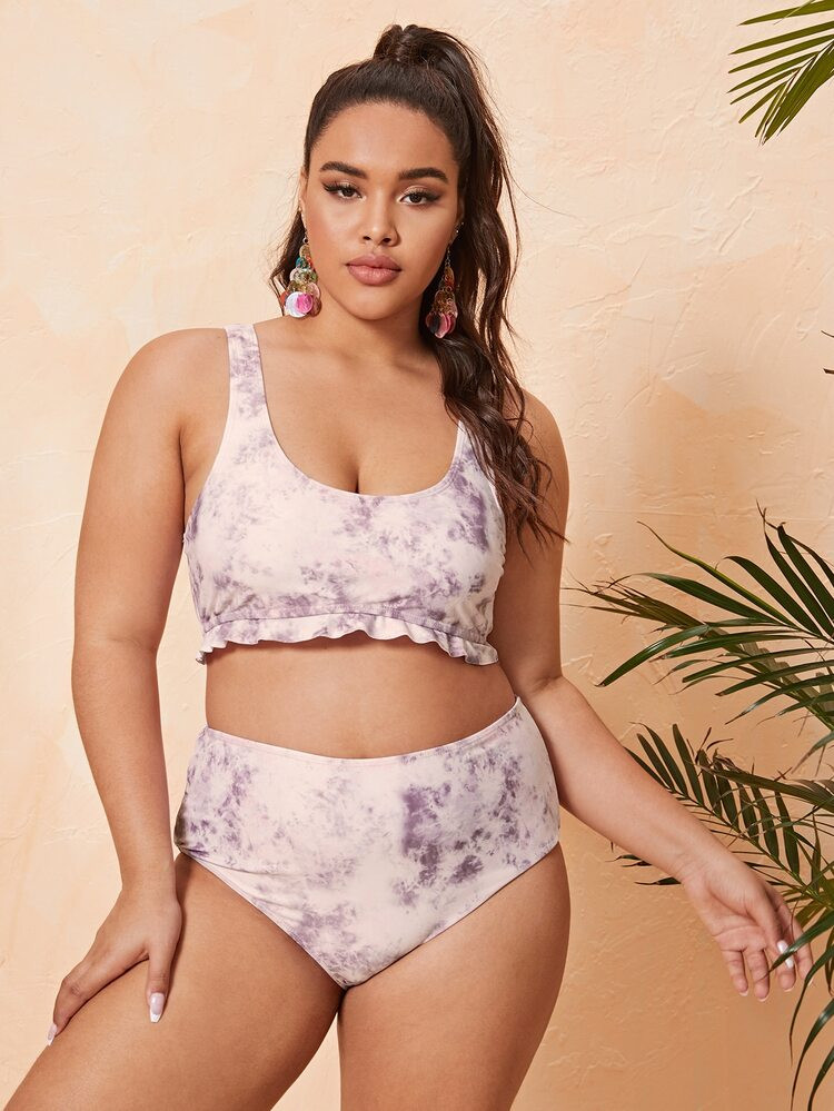 Plus Tie Dye Ruffle Hem Bikini Swimsuit | SHEIN