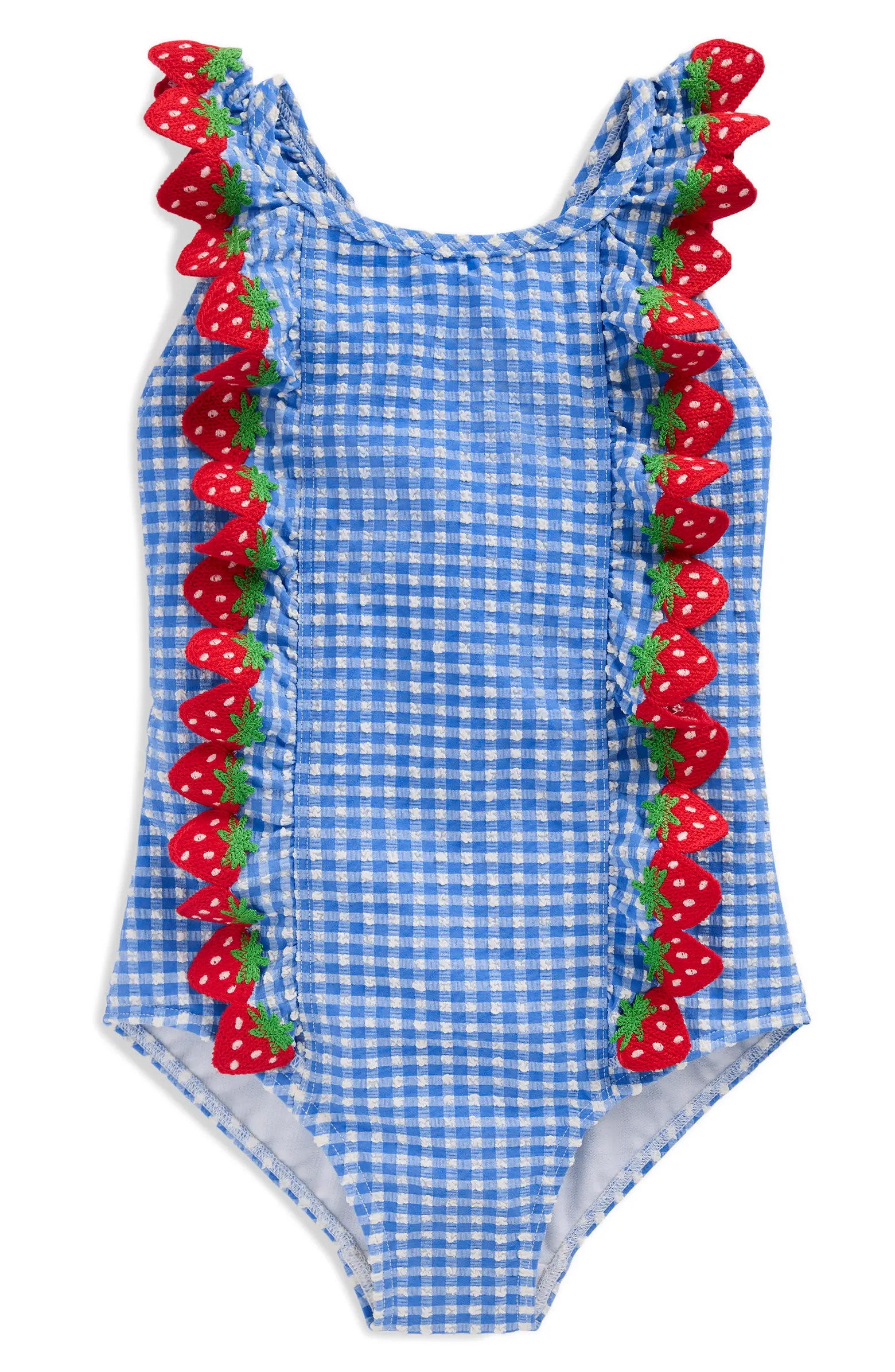 Kids' Strawberry Appliqué Ruffle Seersucker UPF 50+ One-Piece Swimsuit | Nordstrom