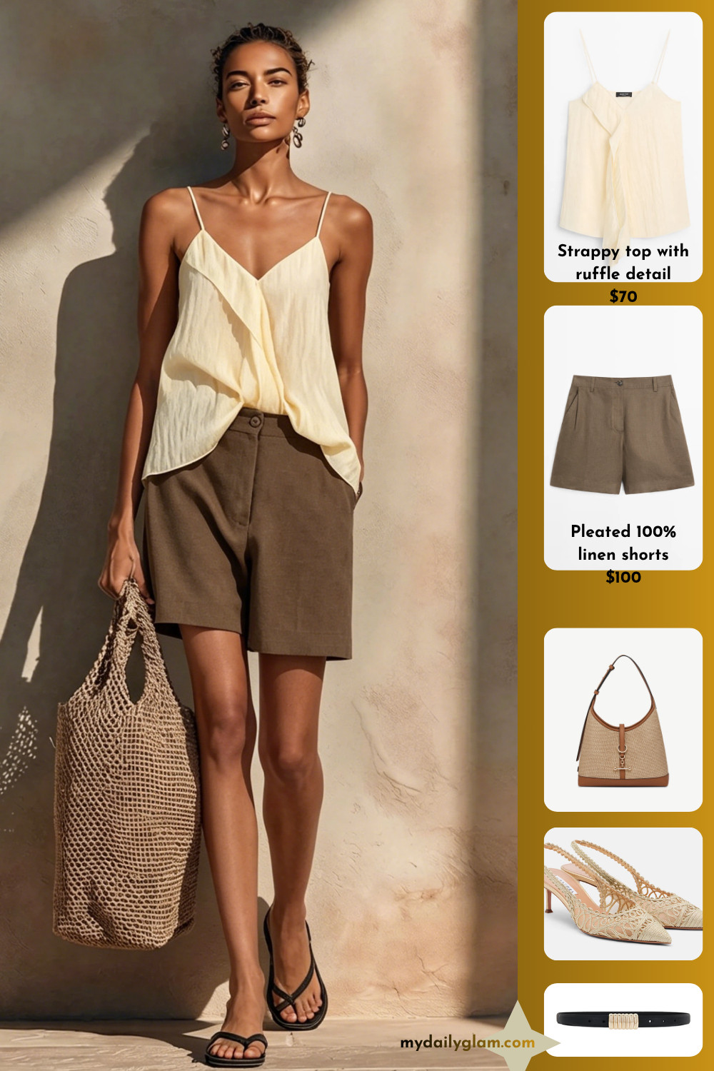 Pale Yellow Crinkled Twist Front Camisole & Dark Brown Linen Bermuda Shorts Quiet Luxury Office Casual Outfit

#QuietLuxuryStyle #LinenBermudaShorts #SilkCamisole 

 #LTKootd #LTKOver40 #LTKWorkwear
