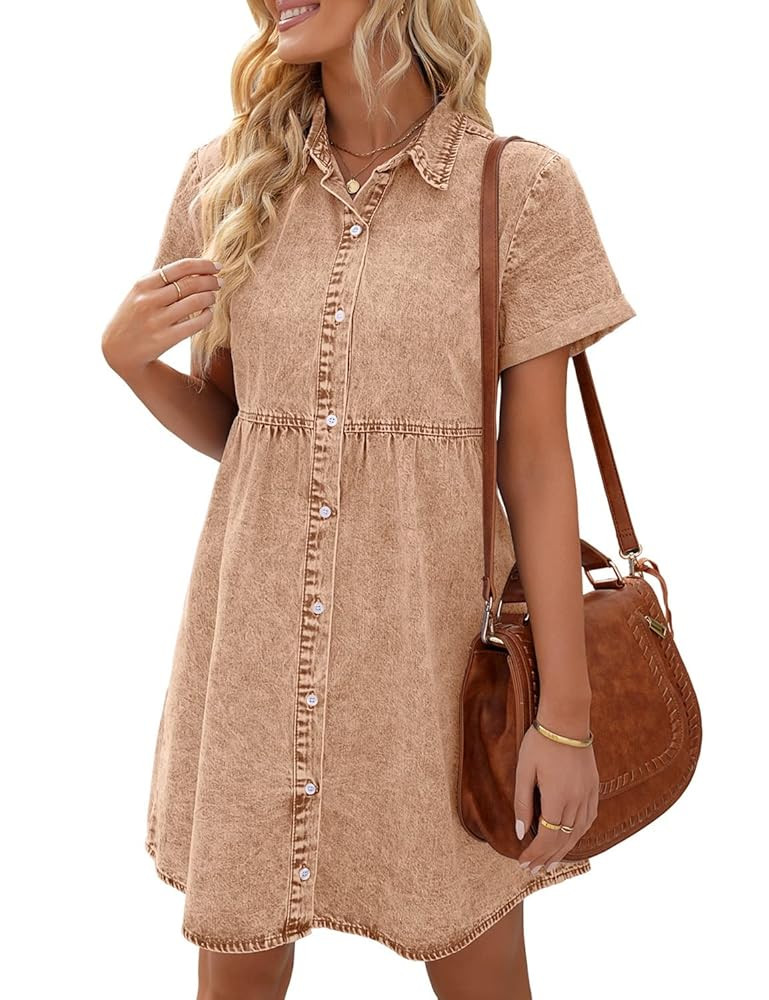 LookbookStore Women's Short Sleeve Button Down Flowy Tiered Babydoll Denim Dress | Amazon (US)