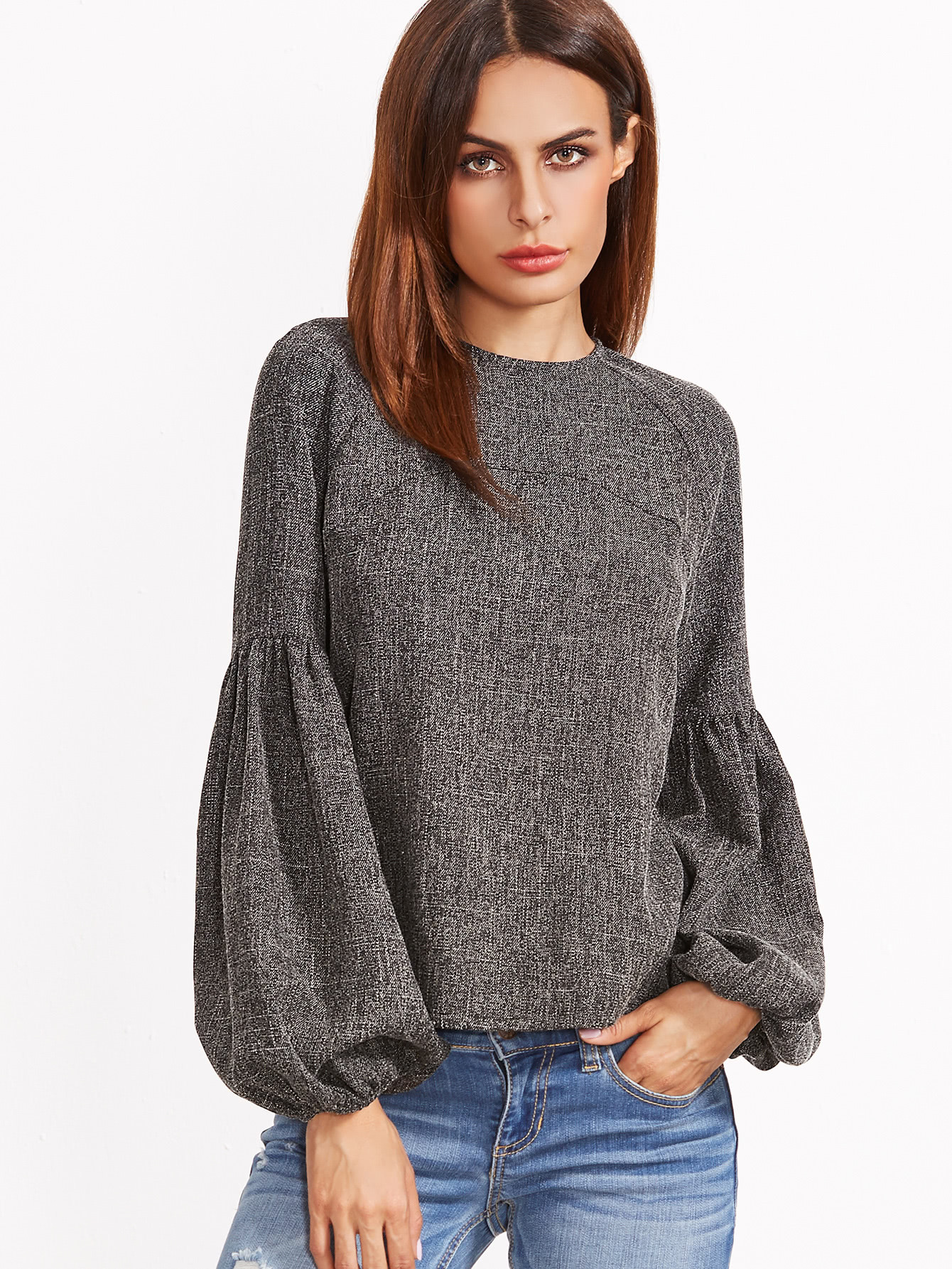 Lantern Sleeve Keyhole Back Top | SHEIN