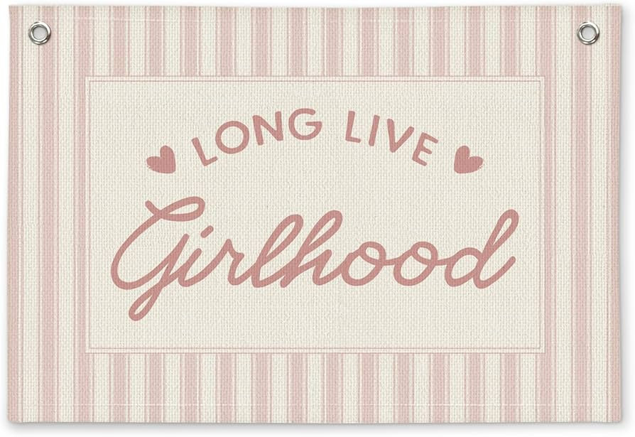 Preppy Long Live Girlhood Pink Striped Girls Room Decor - Linen Banner Wall Hanging Canvas Banner... | Amazon (US)