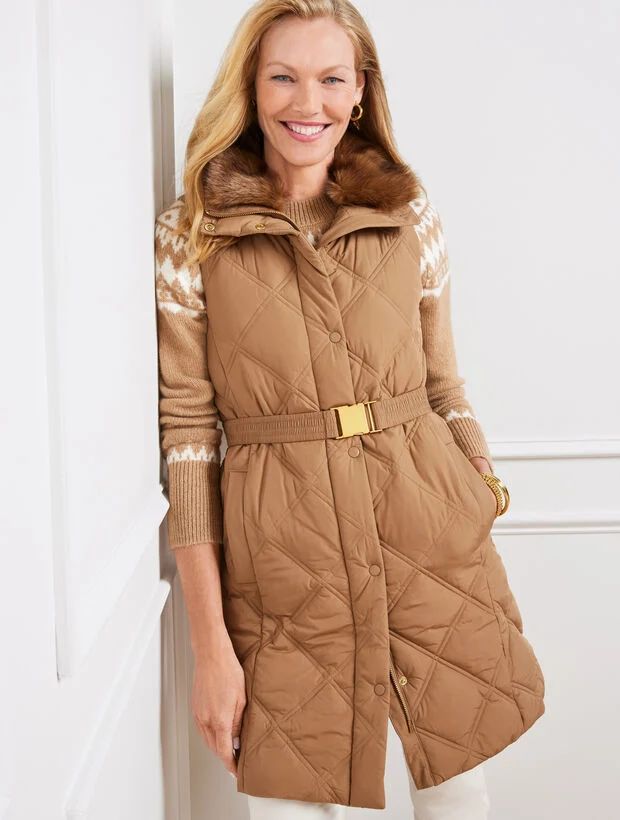 Faux Fur Collar Belted Puffer Vest | Talbots
