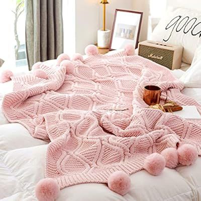 Chenille Plush Throw Blanket, Luxurious Lovely Lounge Cover Knitted Blanket with Handmade Pompoms... | Amazon (US)