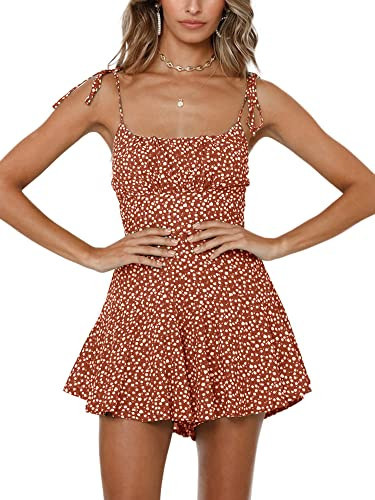 Jeanewpole1 Women's Floral Wide Leg Rompers Spaghetti Strap Tie Ruffle Short Jumpsuits (Medium, Peach Red) | Amazon (US)
