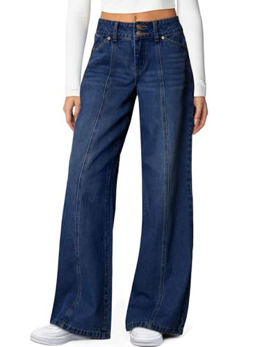 Sidefeel Women's Jeans High Waisted Stretchy Wide Leg Jeans Trendy Seamed Front Straight Leg Loose Pants Bluing Size 2 | Amazon (US)