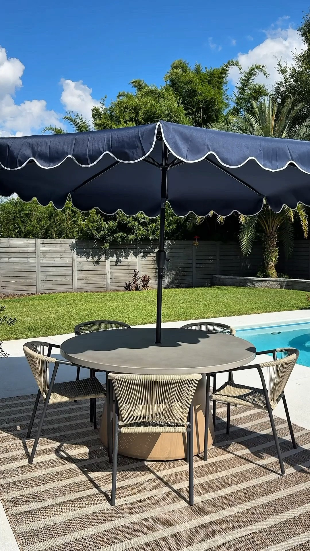 Our outdoor rug and outdoor scallop umbrella are on sale right now for Amazon prime day! If your looking for a sturdy pair!