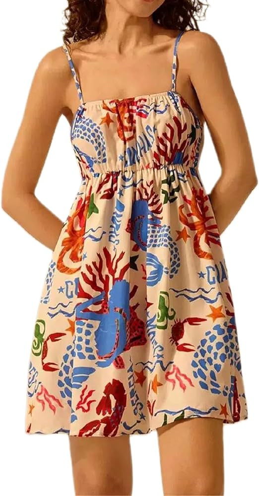 Women Boho Graphic Mini Cami Dress Spaghetti Strap Floral Short Dress Flowy Backless Sling Dress ... | Amazon (US)
