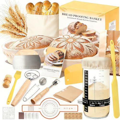 Sourdough Starter Kit, Sourdough Bread Baking Supplies, Round & Oval Banneton Bread Proofing Basket, Bread Sling, Starter Jar, Dough Whisk, Scrapers, Stencils & Bag, Complete Sourdough Kit Gifts | Amazon (US)