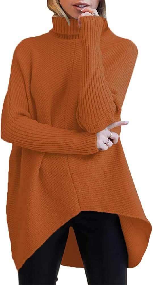 Caracilia Womens Turtleneck Long Sleeve Sweater Irregular Hem Casual Pullover Knit Tops | Amazon (US)