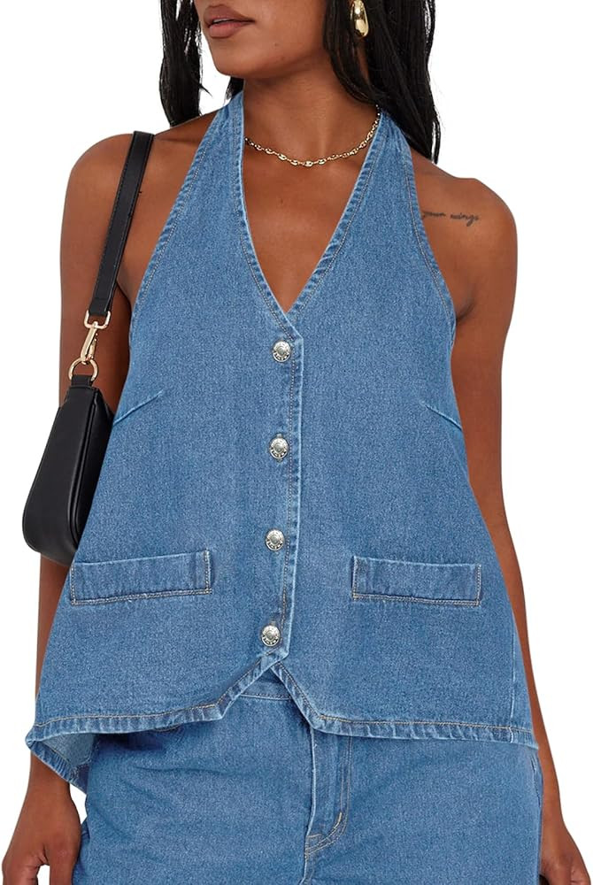 Tankaneo Womens Halter Denim Vest Tops Summer Open Back Y2K Going Out Tank Tops V Neck Button Dow... | Amazon (US)