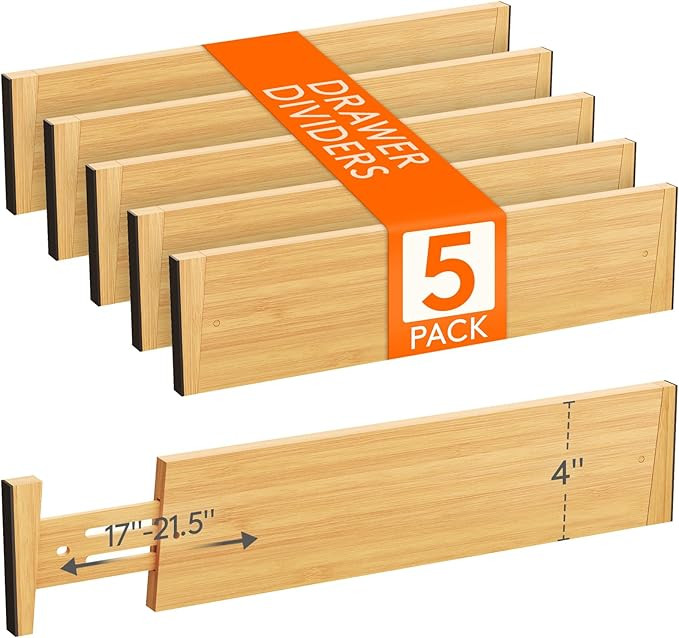 Lifewit 5 Pack 4" High Bamboo Drawer Dividers, 17-21.5" Adjustable Drawer Organizers for Clothes,... | Amazon (US)