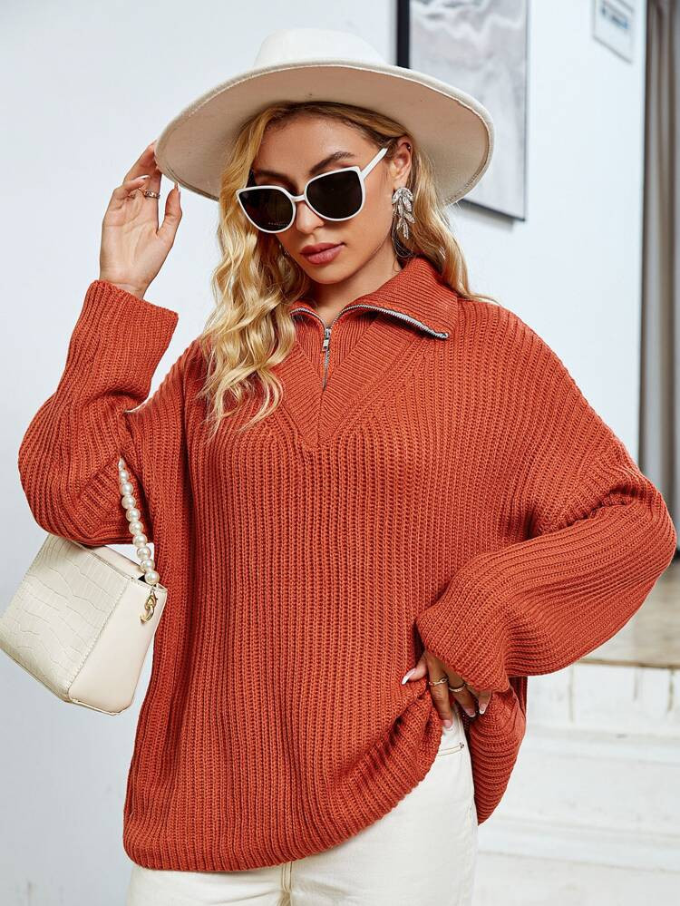 Simplee Half Zip Drop Shoulder Sweater | SHEIN