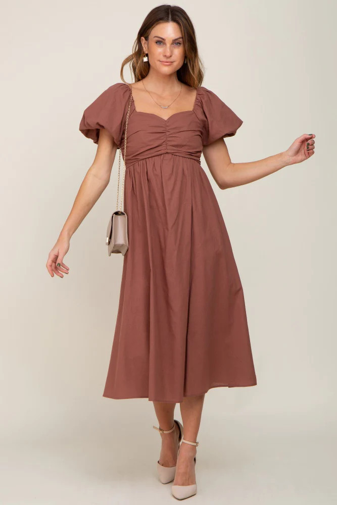 Mocha Sweetheart Neck Puff Sleeve Linen Midi Dress | PinkBlush Maternity