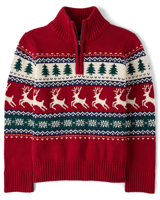 Boys Reindeer Fairisle Quarter Zip Sweater - red | The Children's Place