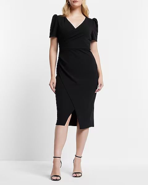 V-neck Puff Sleeve Faux Wrap Sheath Midi Dress | Express