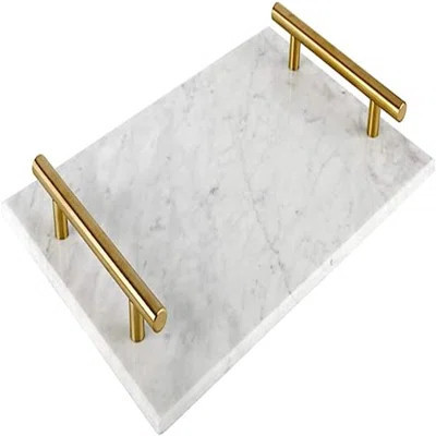 Marble Tray With Gold Handles, White Marble Stone Decorative Tray, Nightstand Serving Tray With Metal Handle | Wayfair North America