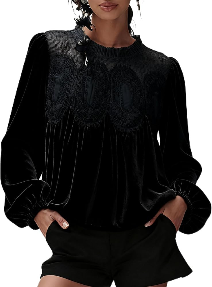 Faleave Women's Velvet Trim Lace Blouse Long Sleeve Shirt Elegant Flared Swing Top Round Neck Cas... | Amazon (US)