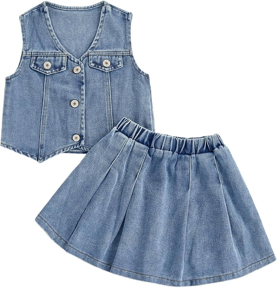 Kid Toddler Girls Denim Outfit Solid Color Button Down Vest Tops and Pleated Skirts Set 2Pcs Summ... | Amazon (US)