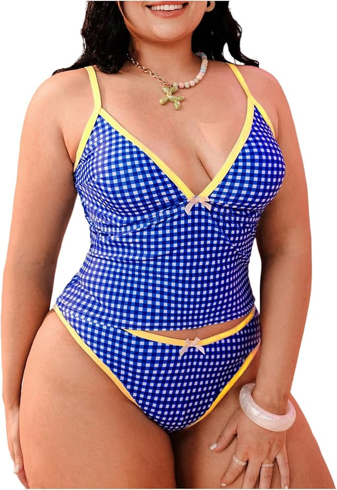 SOLY HUX Women's Plus Size Tankini Swimsuits Plaid Gingham Bow Bathing Suit Summer Two Piece Swim... | Amazon (US)