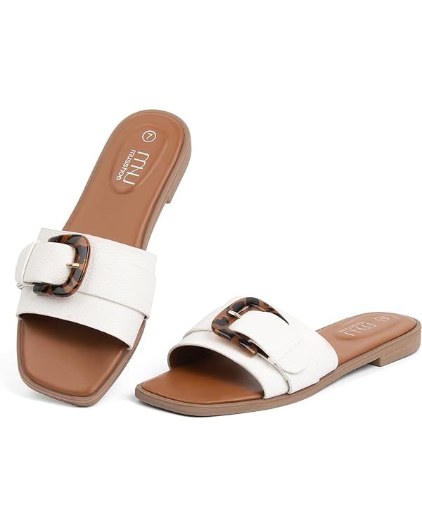 MUSSHOE Womens Sandals Square Toe Flat Sandals Women Wide Fit Leather Slides Dressy Summer Shoes | Amazon (US)