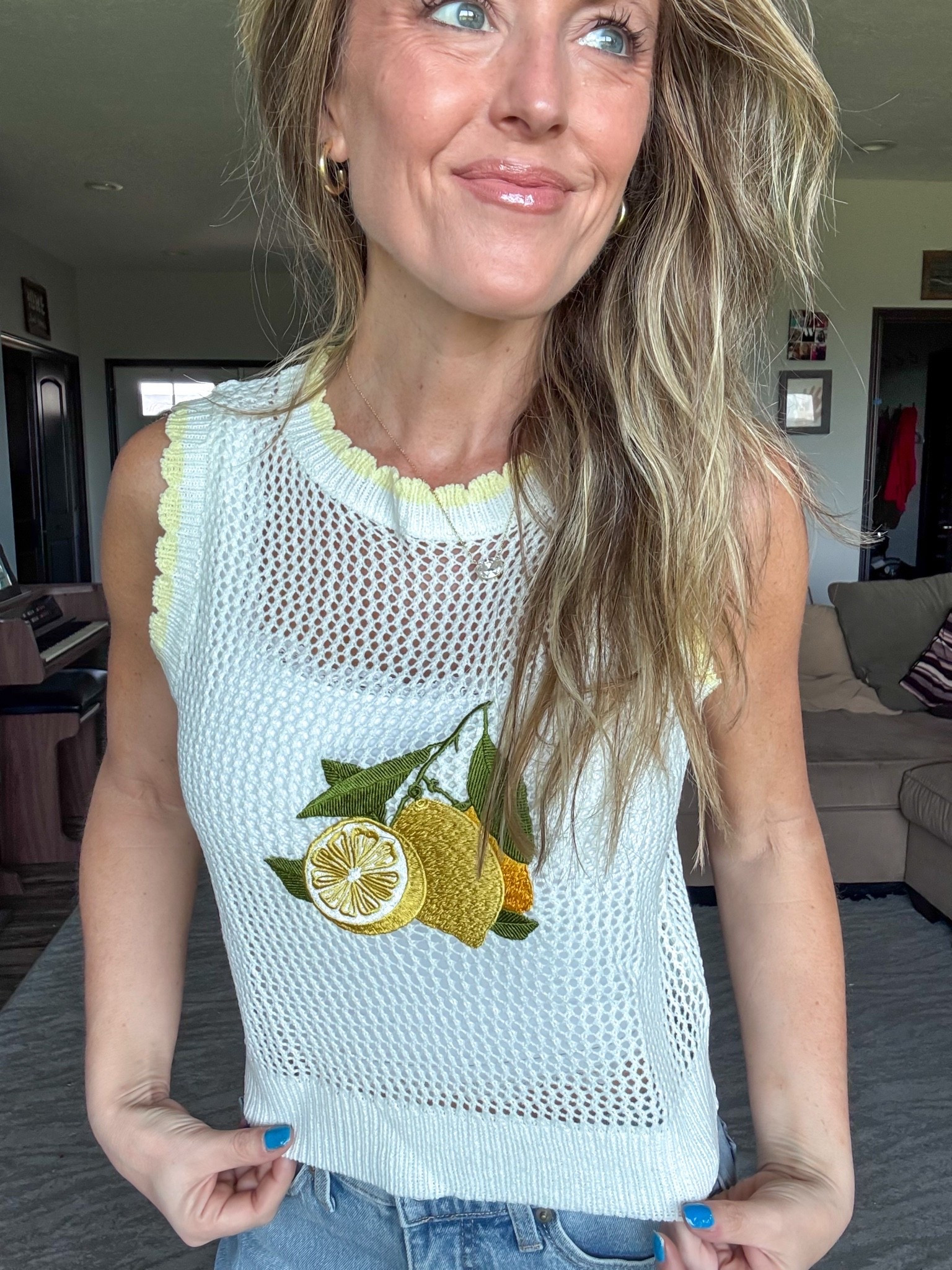This little lemon open knit sweater is so cute! 💛 Loving the yellow details and embroidered lemon design! Wearing an xsmall.

As an Amazon Influencer I earn commission on qualifying purchases.

Lemon sleeveless top, spring tops, mom style, adorable spring top, summer styles you’ll love, ootd, casual outfit idea, yellow tops

#LTKootd #LTKOver40 #LTKMidsize