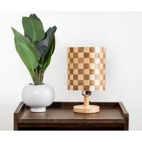 Modern Checkered Table Lamp With A Brown & Beige Wooden Light Shade Wood Base, Living Room Bedroom Office Accent Lighting | Etsy (US)