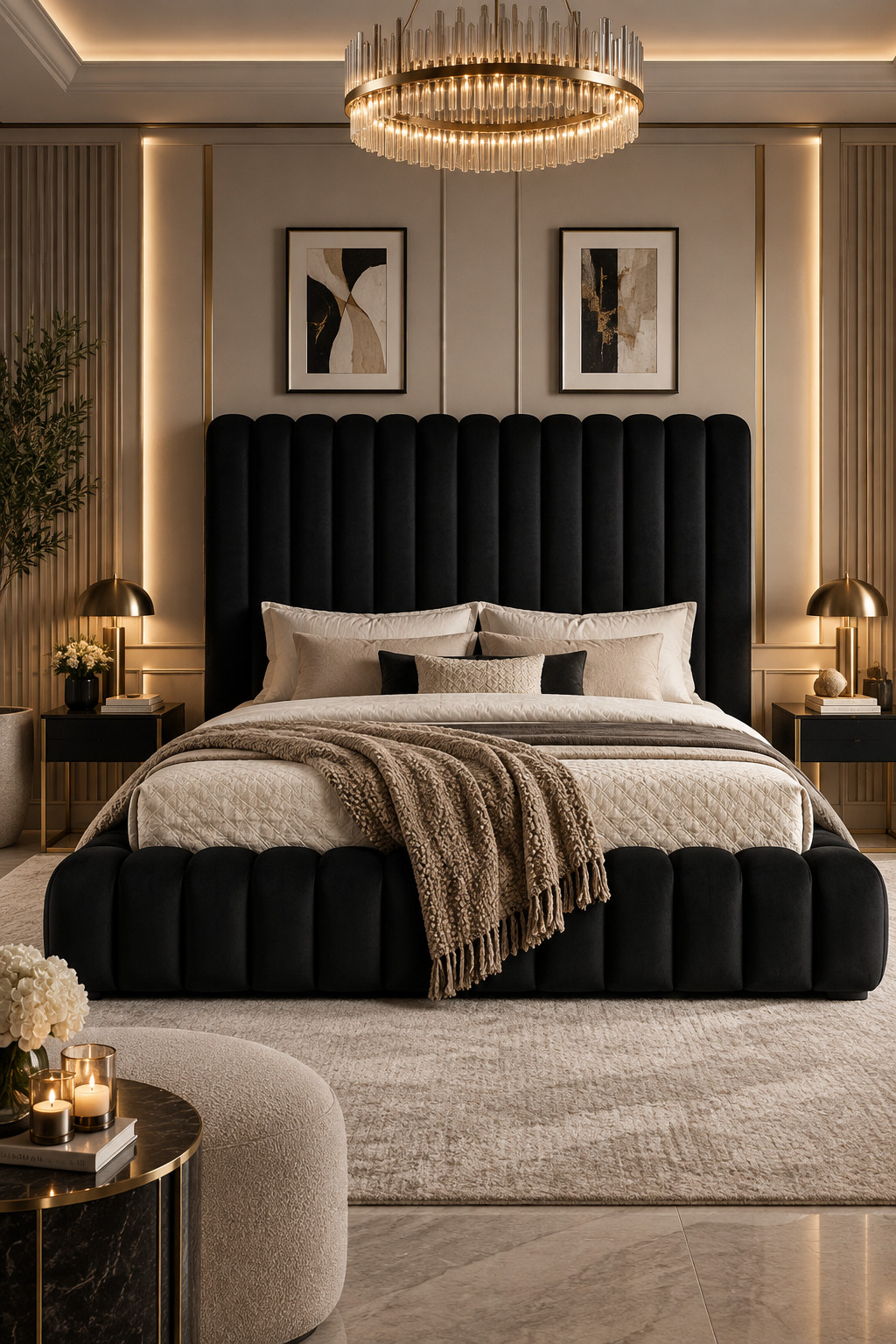 I love how clean and sculptural this one feels. The tall channel headboard gives you that designer look, while the oversized padded base makes the bed feel really plush and inviting. It looks especially good against a lighter wall with warm brass lighting and layered neutral bedding. If you want something modern but still cozy, this one hits that balance really well. #WayfairBeds #BlackBedroom #PlatformBed #ModernBedroom #LuxuryDecor #BedroomRefresh #HomeInspo 

 #LTKSeasonal #LTKHome #LTKSaleAlert