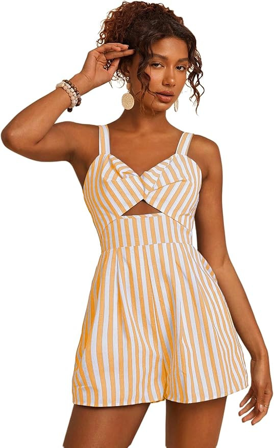 Floerns Women's Striped Print Jumpsuit Sleeveless Twist Front Cut Out Short Rompers | Amazon (US)